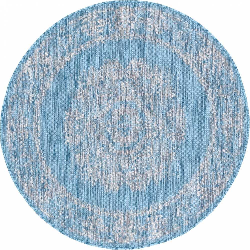 Rug Unique Loom Outdoor Traditional Aqua Blue Round 4' 0 x 4' 0