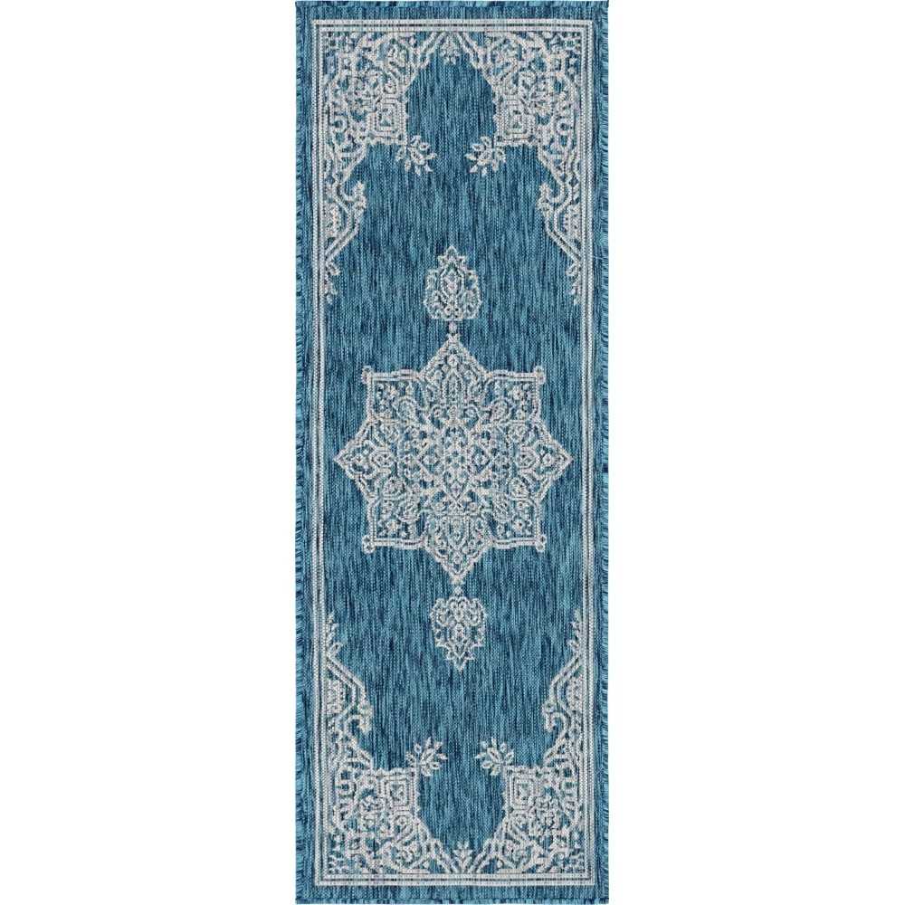 Rug Unique Loom Outdoor Traditional Teal Runner 2' 0 x 6' 0