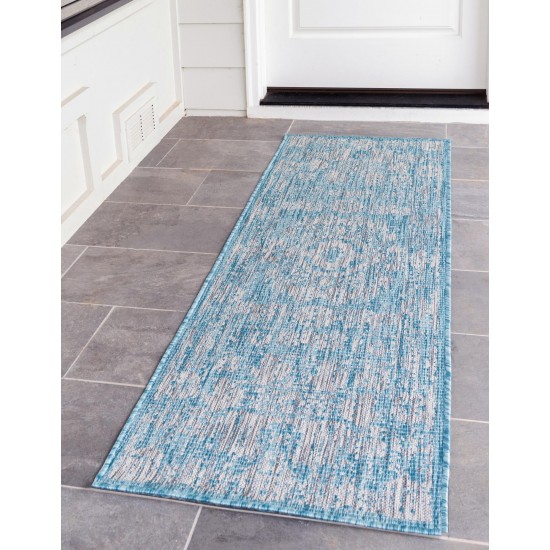 Rug Unique Loom Outdoor Traditional Aqua Blue Runner 2' 0 x 6' 0