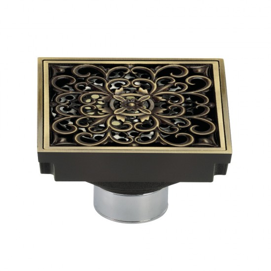 Kingston Brass Watercourse Scroll 4" Square Grid Shower Drain, Antique Brass