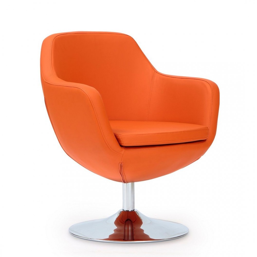 Caisson Faux Leather Swivel Accent Chair in Orange and Polished Chrome