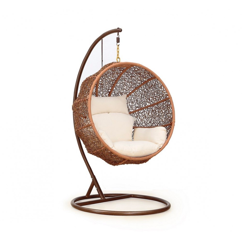 Zolo Hanging Lounge Egg Swing Chair in Cream and Saddle Brown