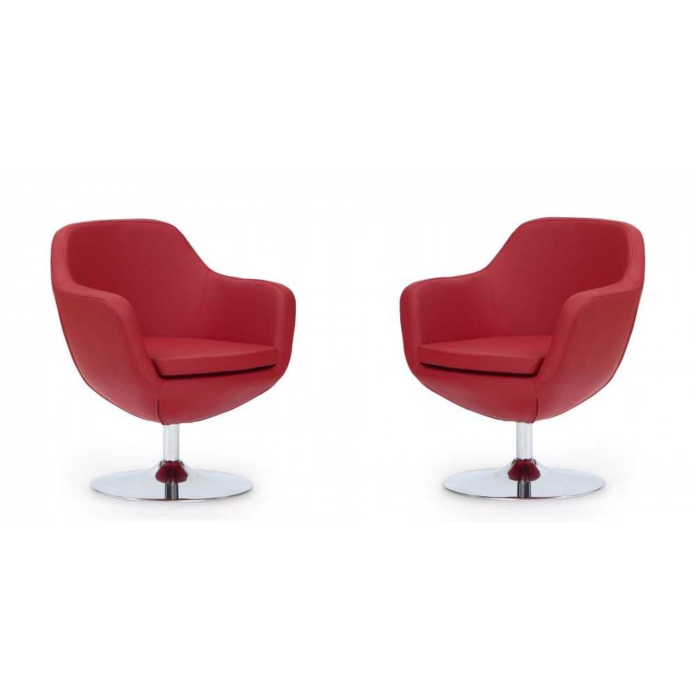 Caisson Faux Leather Swivel Accent Chair in Red and Polished Chrome (Set of 2)