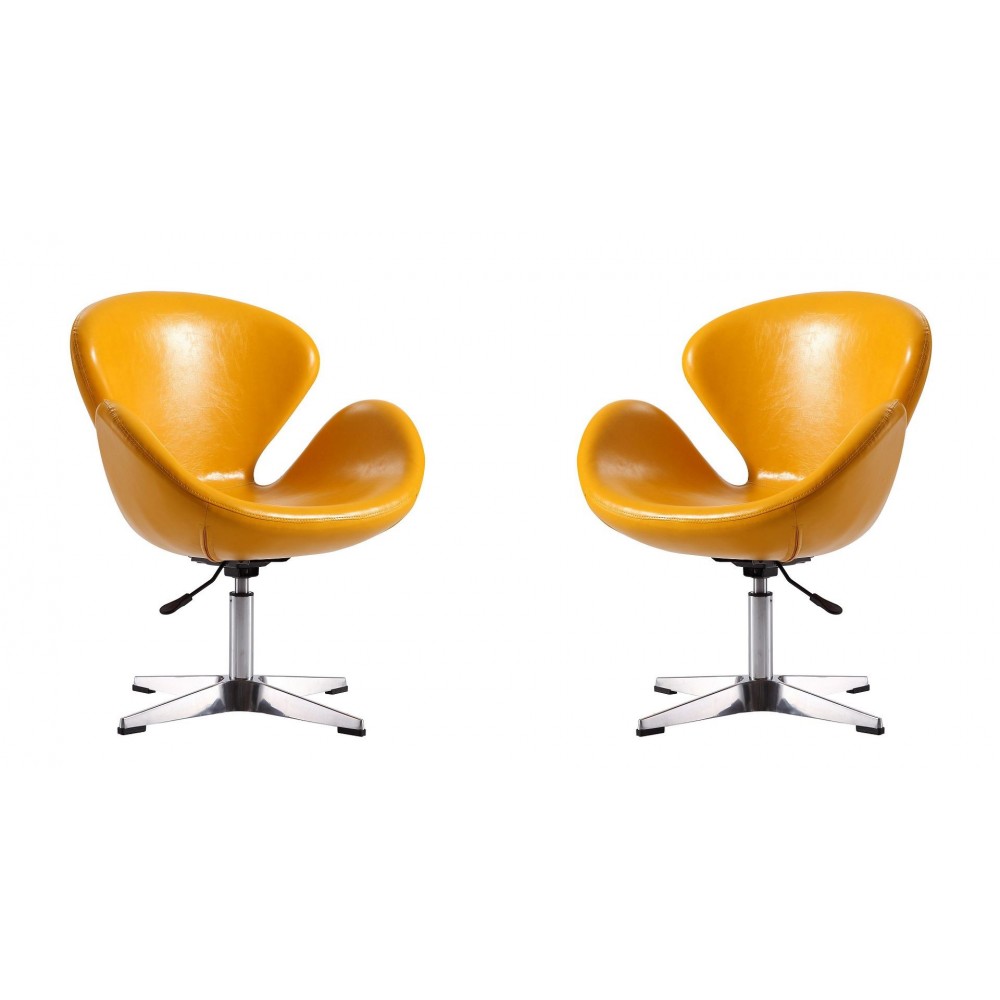 Raspberry Faux Leather Adjustable Swivel Chair in Yellow and Polished Chrome (Set of 2)