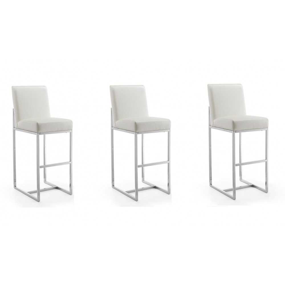 Element 29" Faux Leather Bar Stool in Pearl White and Polished Chrome (Set of 3)