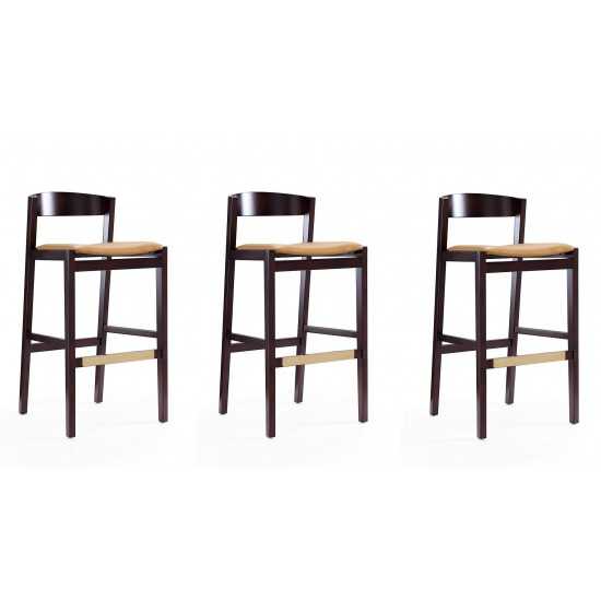 Klismos Barstool in Camel and Dark Walnut (Set of 3)