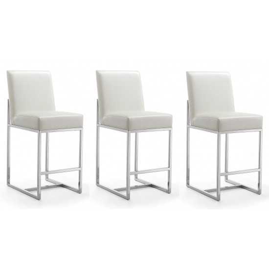 Element 24" Faux Leather Counter Stool in Pearl White and Polished Chrome (Set of 3)