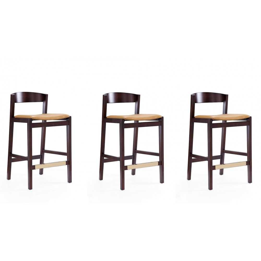 Klismos Counter Stool in Camel and Dark Walnut (Set of 3)