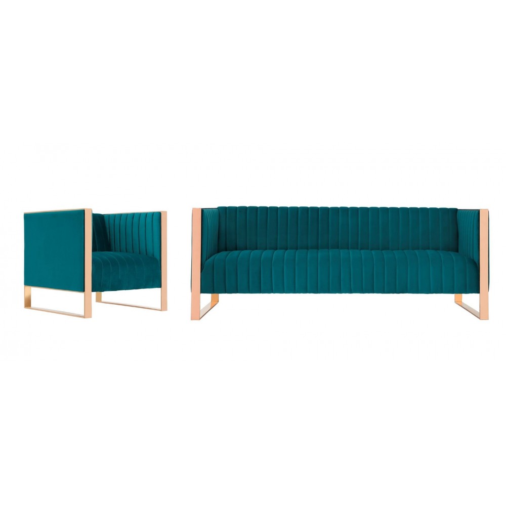 Trillium Sofa and Armchair Set of 2 in Teal and Rose Gold