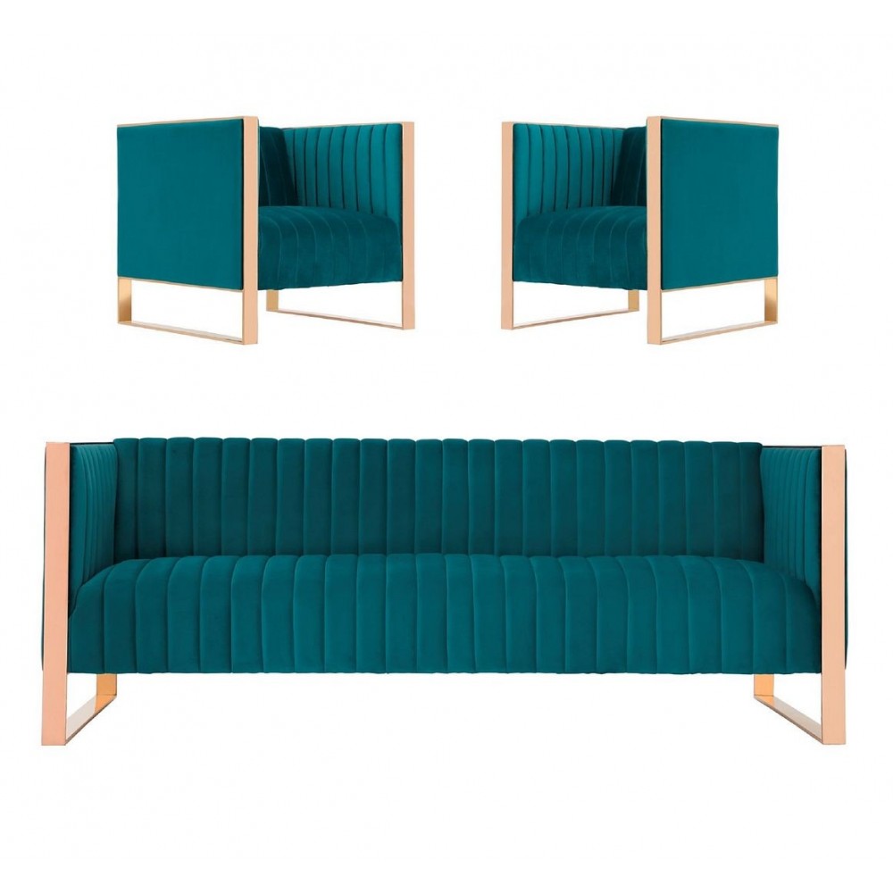 Trillium Sofa and Armchair Set of 3 in Teal and Rose Gold