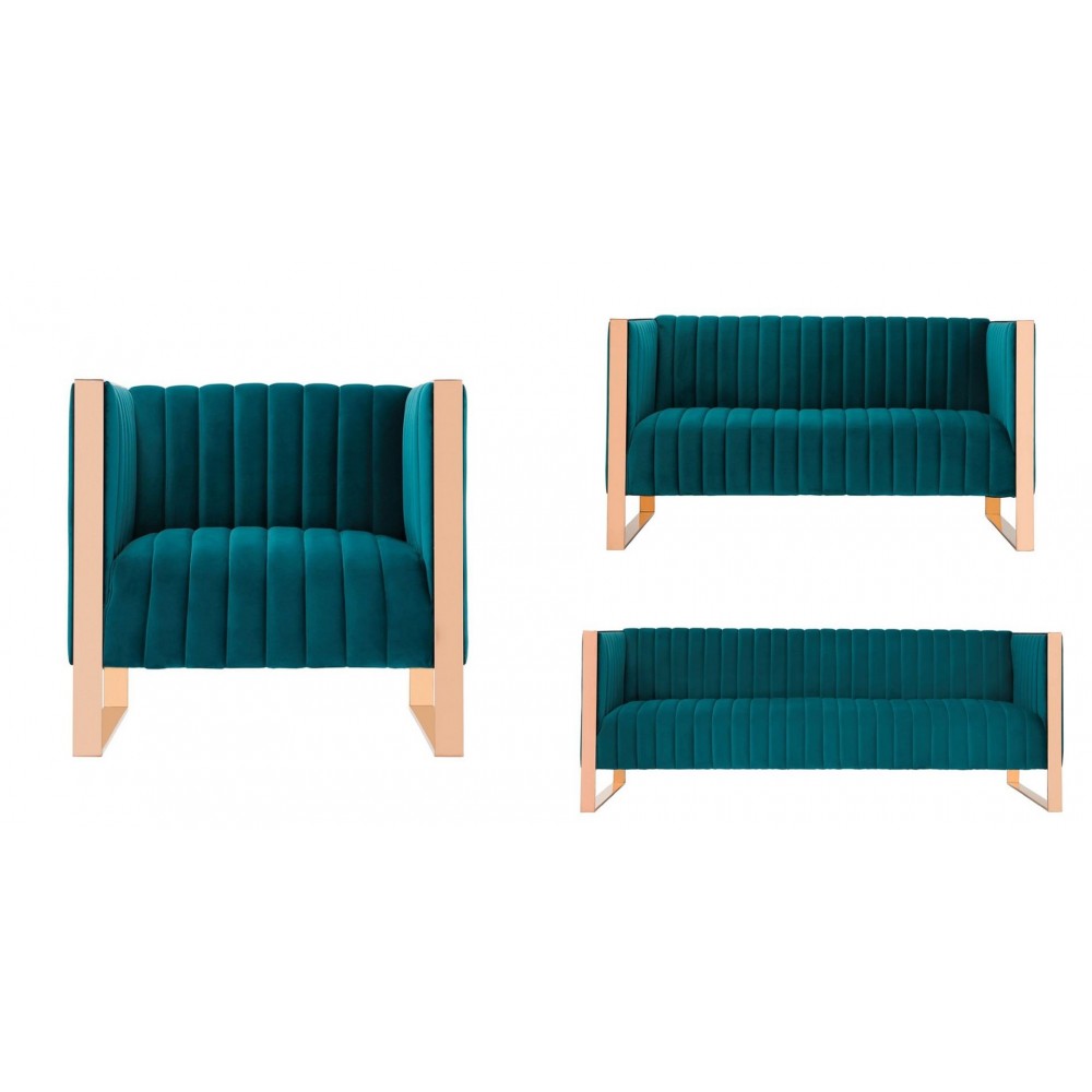 Trillium 3 Piece - Sofa, Loveseat and Armchair Set in Teal and Rose Gold