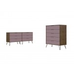 Rockefeller 5-Drawer Tall Dresser and 6-Drawer Wide Dresser in Nature and Rose Pink