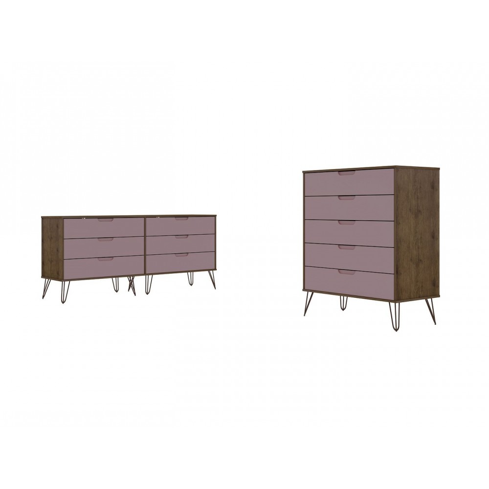 Rockefeller 5-Drawer Tall Dresser and 6-Drawer Wide Dresser in Nature and Rose Pink