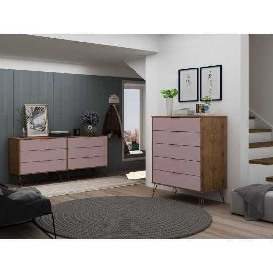 Rockefeller 5-Drawer Tall Dresser and 6-Drawer Wide Dresser in Nature and Rose Pink