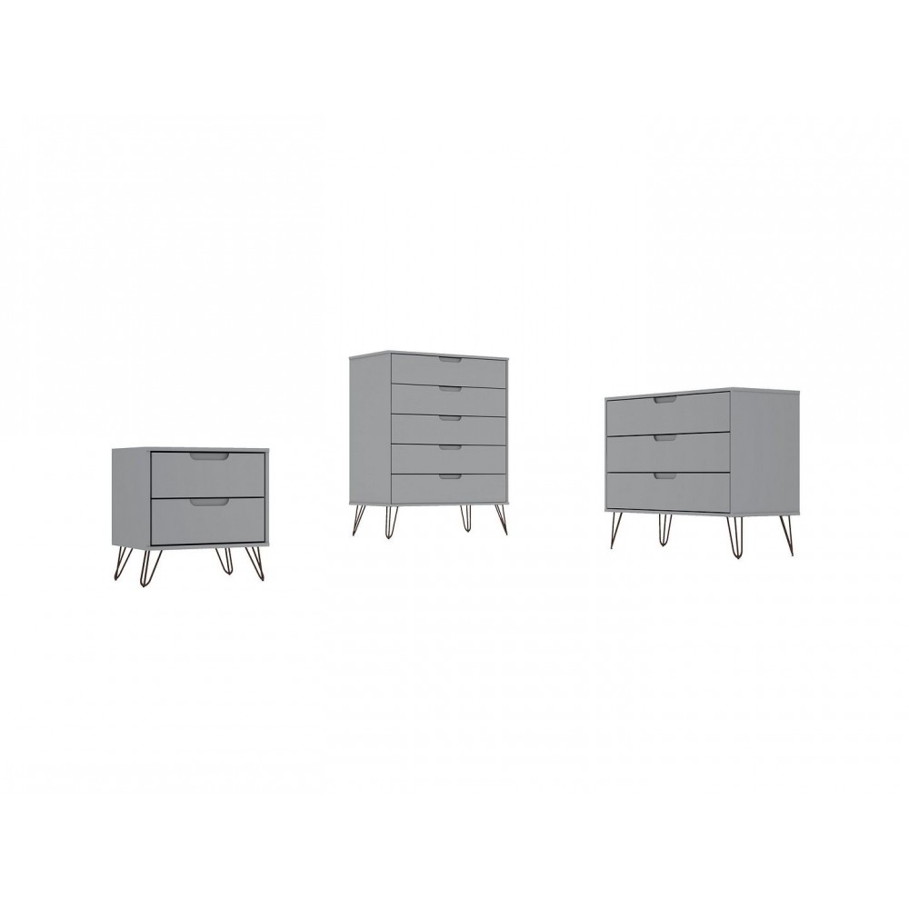 Rockefeller 3 Piece Bedroom Set Tall 5-Drawer Dresser, Standard 3- Drawer Dresser and 2-Drawer Nightstand in White