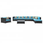 Fine Mod Imports Garden 7-Piece Outdoor Rattan, Espresso with Blue Cushion
