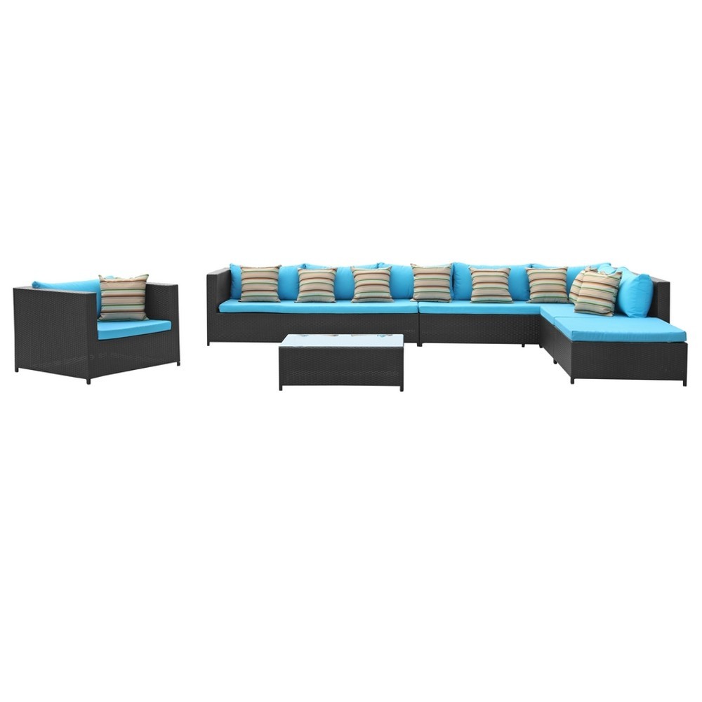 Fine Mod Imports Garden 7-Piece Outdoor Rattan, Espresso with Blue Cushion Fine Mod Imports Garden 7-Piece Outdoor Rattan, Espresso with Blue Cushion