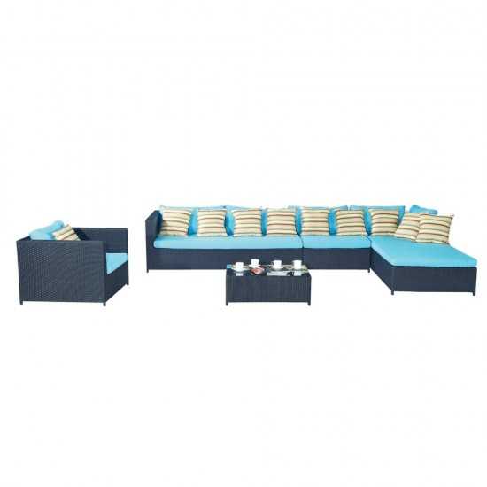 Fine Mod Imports Garden 7-Piece Outdoor Rattan, Espresso with Blue Cushion