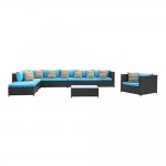 Fine Mod Imports Garden 7-Piece Outdoor Rattan, Espresso with Blue Cushion