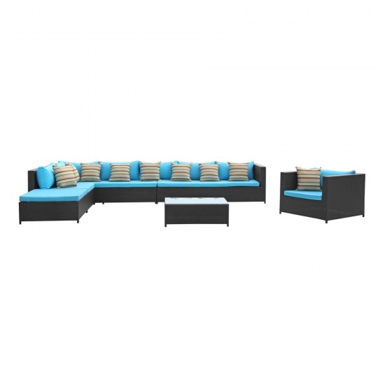 Fine Mod Imports Garden 7-Piece Outdoor Rattan, Espresso with Blue Cushion