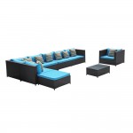 Fine Mod Imports Garden 7-Piece Outdoor Rattan, Espresso with Blue Cushion