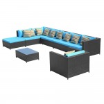 Fine Mod Imports Garden 7-Piece Outdoor Rattan, Espresso with Blue Cushion