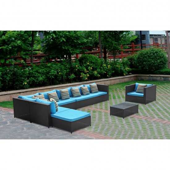 Fine Mod Imports Garden 7-Piece Outdoor Rattan, Espresso with Blue Cushion