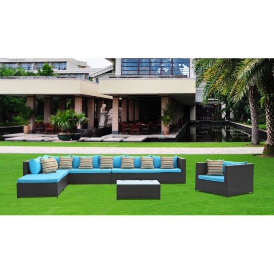 Fine Mod Imports Garden 7-Piece Outdoor Rattan, Espresso with Blue Cushion
