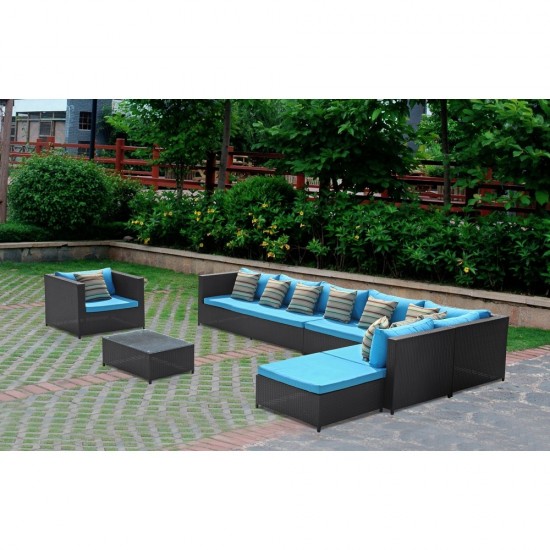 Fine Mod Imports Garden 7-Piece Outdoor Rattan, Espresso with Blue Cushion