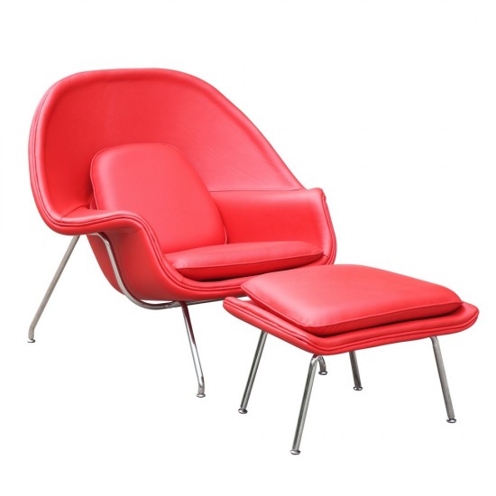 Fine Mod Imports Woom Chair and Ottoman in Leather, Red