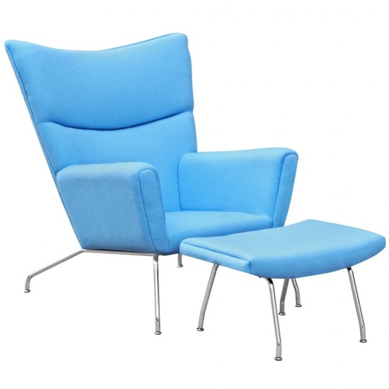 Fine Mod Imports Wing Chair and Ottoman in Wool, Blue