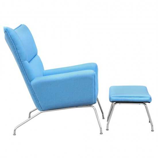 Fine Mod Imports Wing Chair and Ottoman in Wool, Blue