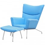 Fine Mod Imports Wing Chair and Ottoman in Wool, Blue