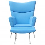 Fine Mod Imports Wing Chair and Ottoman in Wool, Blue