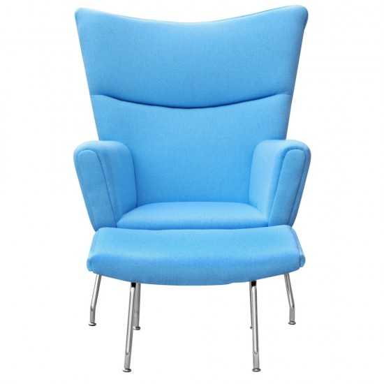 Fine Mod Imports Wing Chair and Ottoman in Wool, Blue