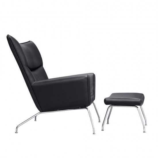 Fine Mod Imports Wing Chair and Ottoman in Leather, Black