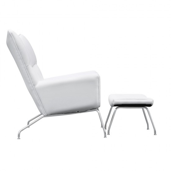 Fine Mod Imports Wing Chair and Ottoman in Leather, White