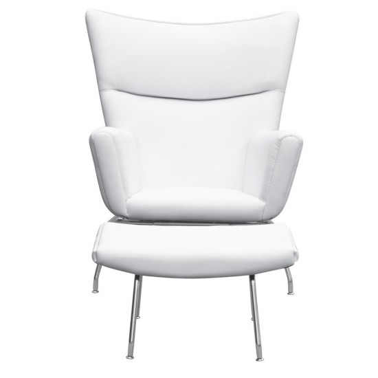 Fine Mod Imports Wing Chair and Ottoman in Leather, White