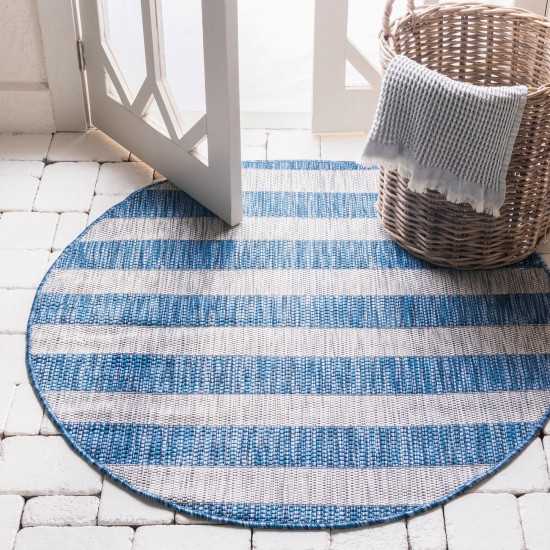 Rug Unique Loom Outdoor Striped Blue Round 4' 0 x 4' 0