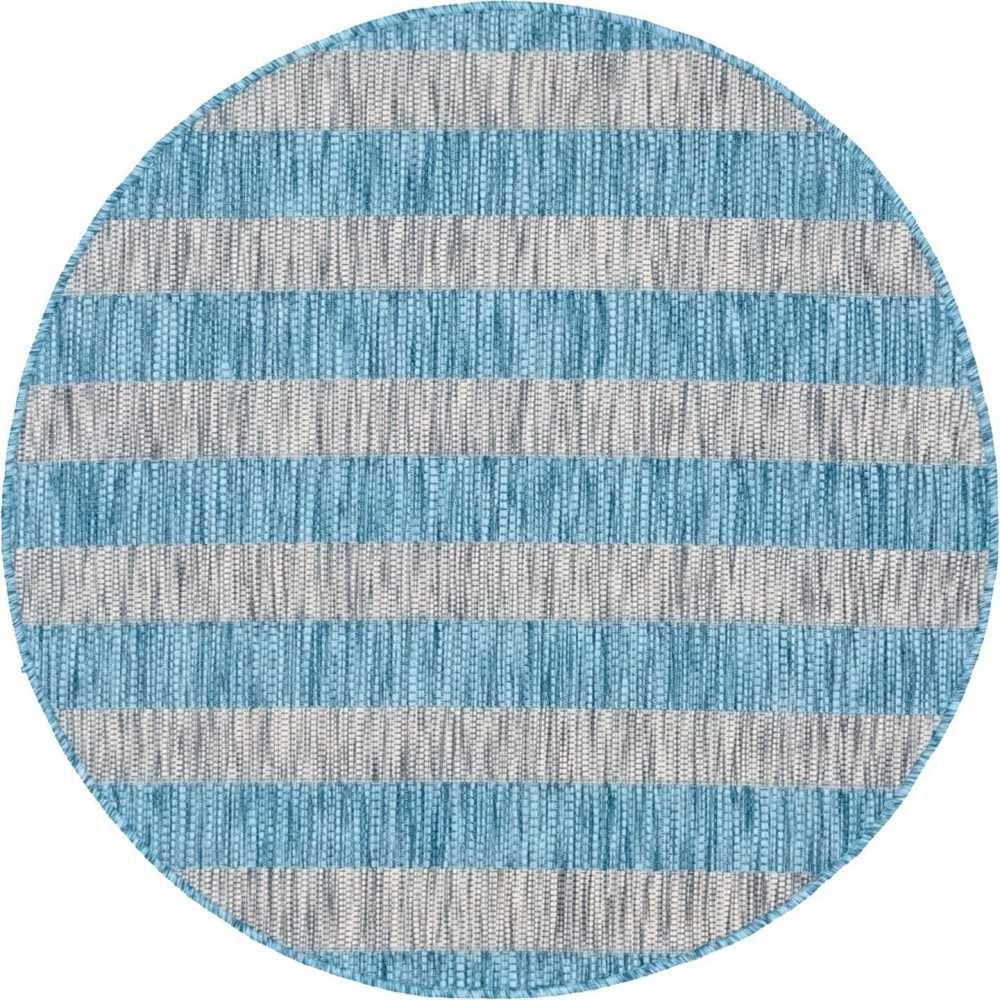 Rug Unique Loom Outdoor Striped Aqua Blue Round 4' 0 x 4' 0