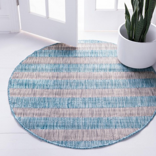 Rug Unique Loom Outdoor Striped Aqua Blue Round 4' 0 x 4' 0