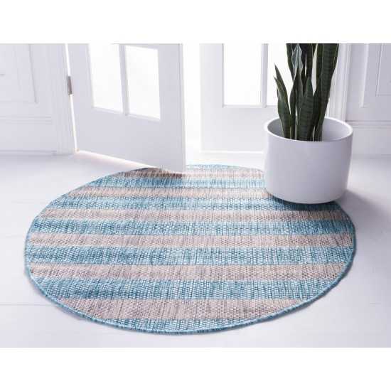 Rug Unique Loom Outdoor Striped Aqua Blue Round 4' 0 x 4' 0