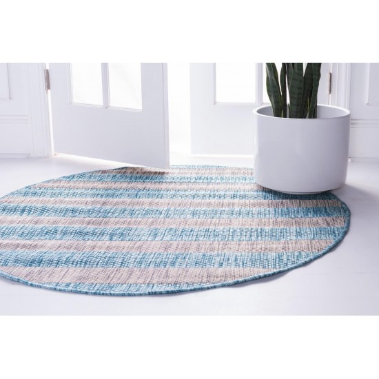 Rug Unique Loom Outdoor Striped Aqua Blue Round 4' 0 x 4' 0