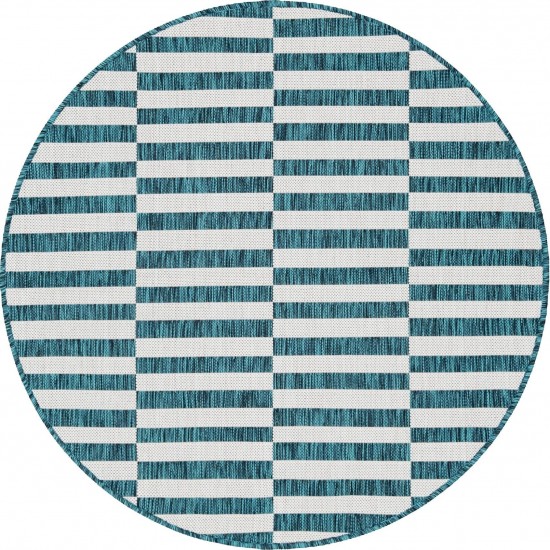 Rug Unique Loom Outdoor Striped Teal Round 4' 0 x 4' 0