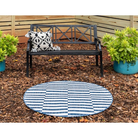 Rug Unique Loom Outdoor Striped Navy Blue Round 4' 0 x 4' 0