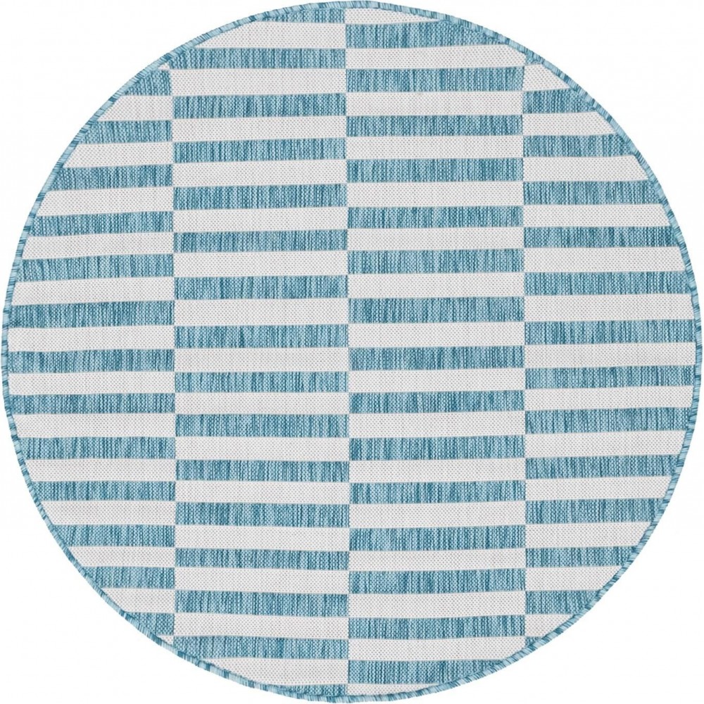 Rug Unique Loom Outdoor Striped Blue Round 4' 0 x 4' 0