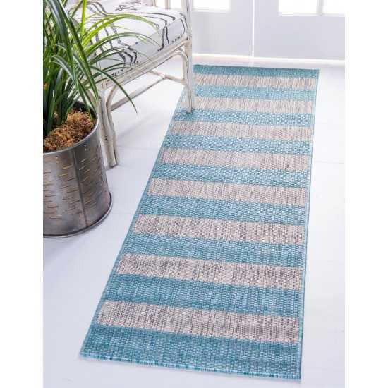 Rug Unique Loom Outdoor Striped Aqua Blue Runner 2' 0 x 6' 0