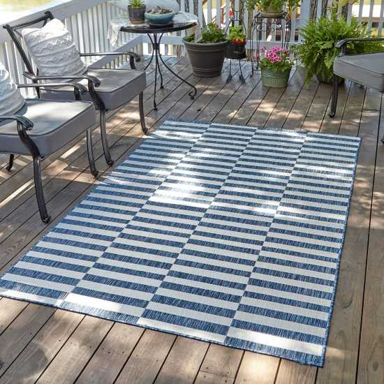 Rug Unique Loom Outdoor Striped Navy Blue Rectangular 9' 0 x 12' 0