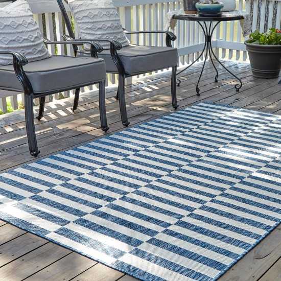 Rug Unique Loom Outdoor Striped Navy Blue Rectangular 5' 0 x 8' 0