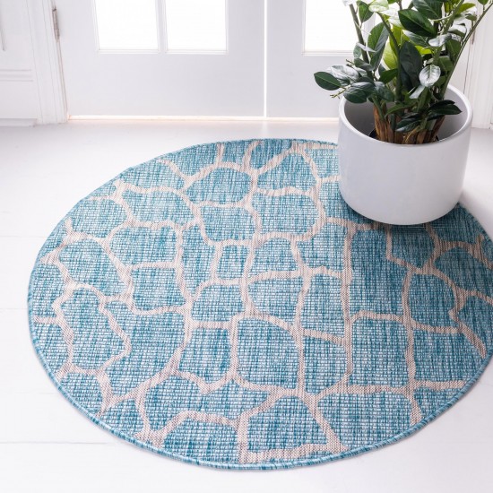 Rug Unique Loom Outdoor Safari Aqua Blue Round 4' 0 x 4' 0